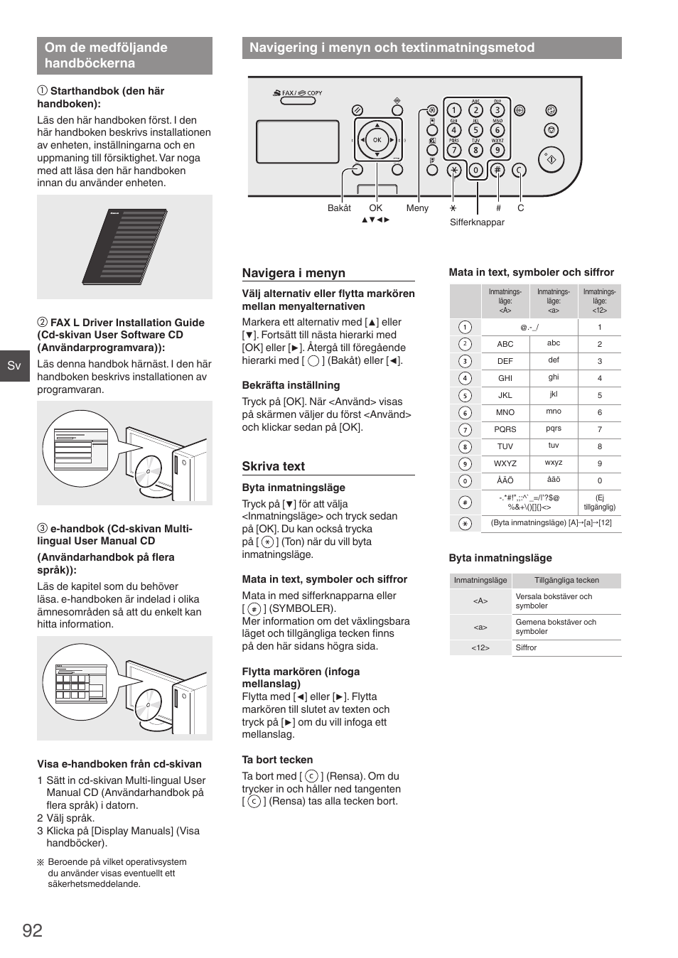 Om de medföljande handböckerna, Navigering i menyn och, Textinmatningsmetod | Navigering i menyn och textinmatningsmetod, Navigera i menyn, Skriva text | Canon i-SENSYS FAX-L410 User Manual | Page 92 / 236