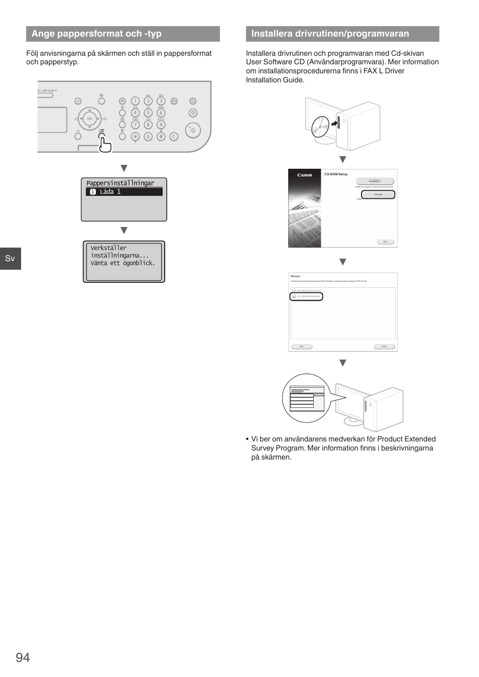 Ange pappersformat och -typ, Installera drivrutinen/programvaran | Canon i-SENSYS FAX-L410 User Manual | Page 94 / 236