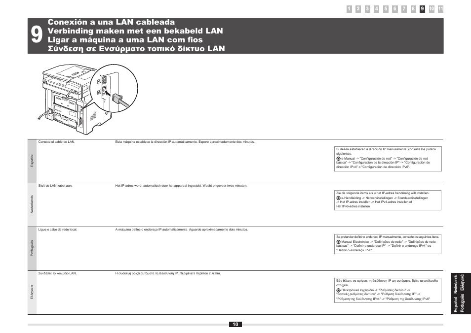 Verbinding maken met een bekabeld lan, Ligar a máquina a uma lan com fios, Σύνδεση σε ενσύρματο τοπικό δίκτυο lan | Conexión a una lan cableada, 9 "conexión a una lan cableada" (pág. 10), 9 verbinding maken met een bekabeld lan (p. 10), 9 "ligar a máquina a uma lan com fios" (pág. 10) | Canon i-SENSYS MF5980dw User Manual | Page 113 / 288