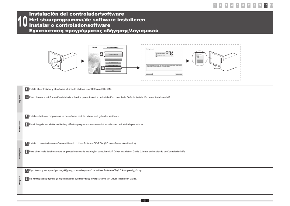 Het stuurprogramma/de software installeren, Instalar o controlador/software, Εγκατάσταση προγράμματος οδήγησης/λογισμικού | Instalación del controlador/software, 10 "instalar o controlador/software" (pág. 11), 10 "εγκατάσταση προγράμματος οδήγησης/λογισμικού, Σελ. 11) | Canon i-SENSYS MF5980dw User Manual | Page 114 / 288