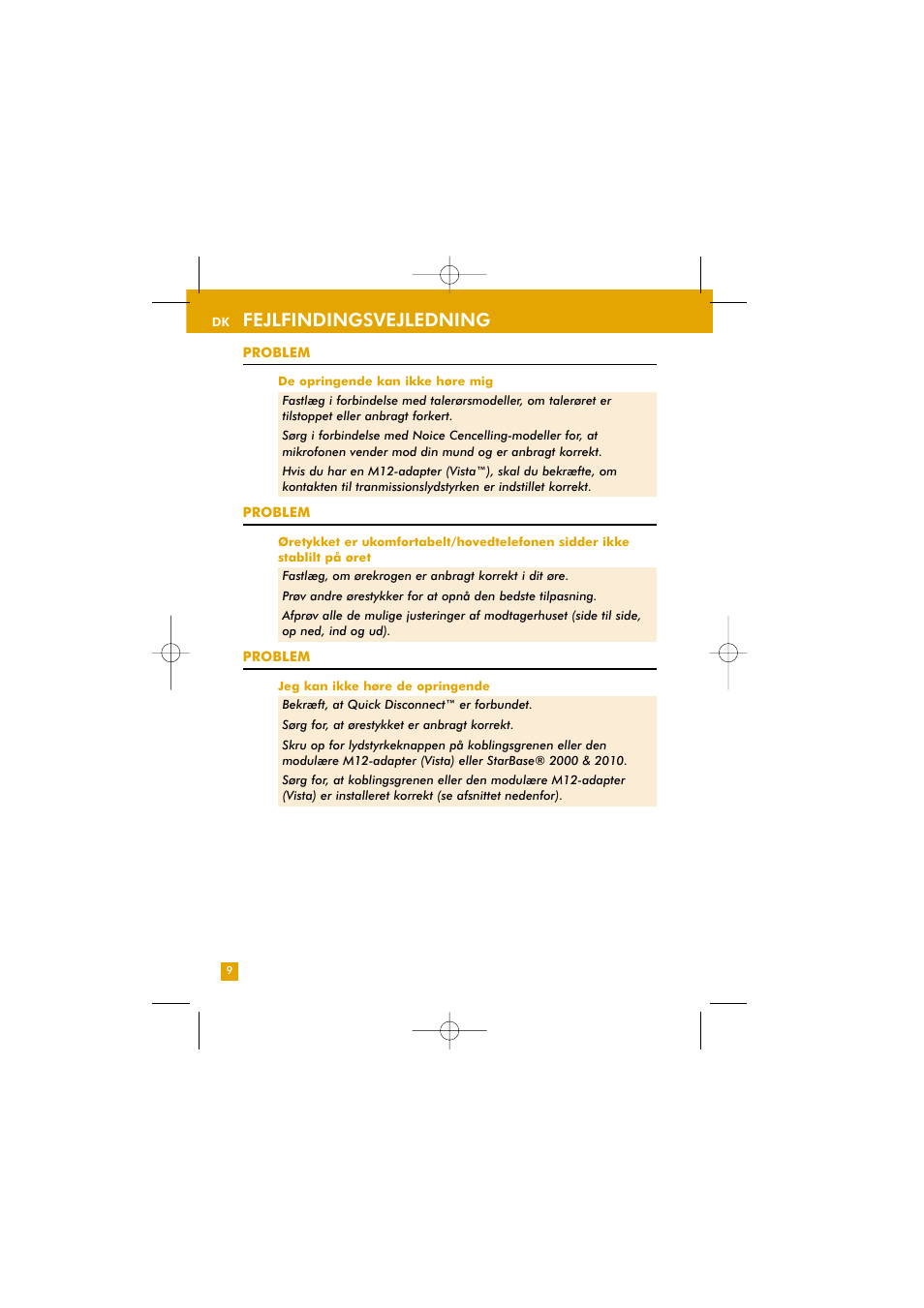 Fejlfindingsvejledning | Plantronics TriStar User Manual | Page 17 / 50