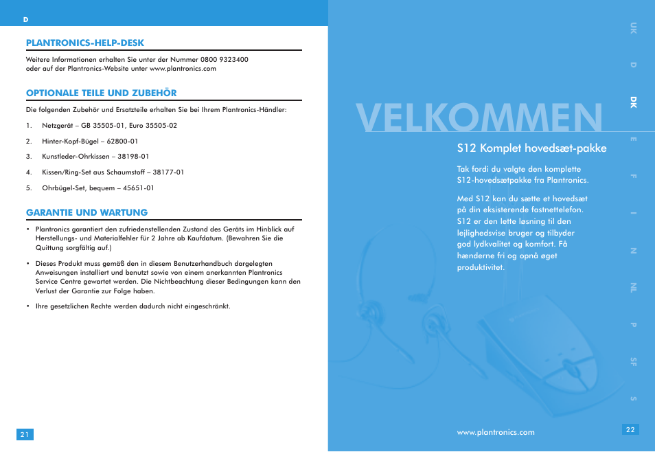 Velkommen, S12 komplet hovedsæt-pakke | Plantronics S12 User Manual | Page 11 / 47