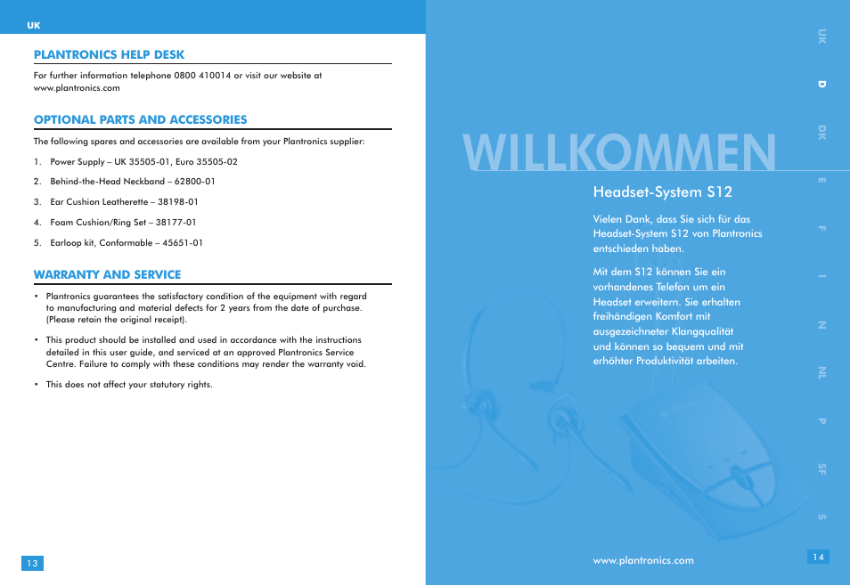 Willkommen, Headset-system s12 | Plantronics S12 User Manual | Page 7 / 47