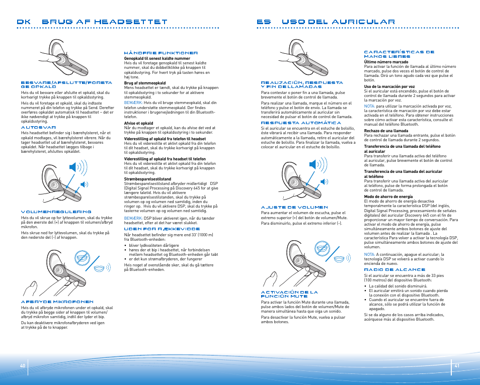Dk brug af headsettet, Es uso del auricular | Plantronics Discovery 645 User Manual | Page 21 / 32