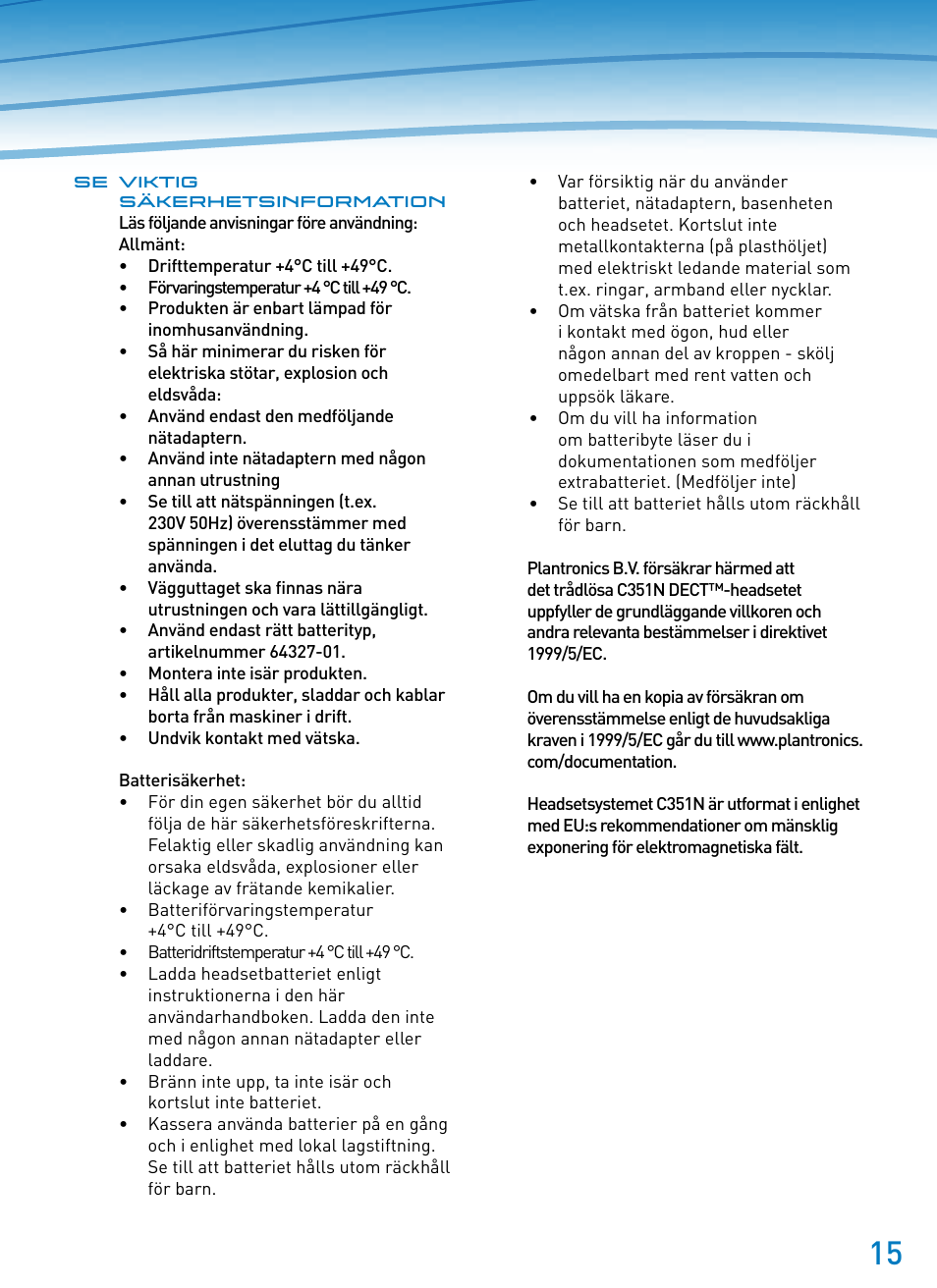 Plantronics SupraPlus Wireless User Manual | Page 15 / 60