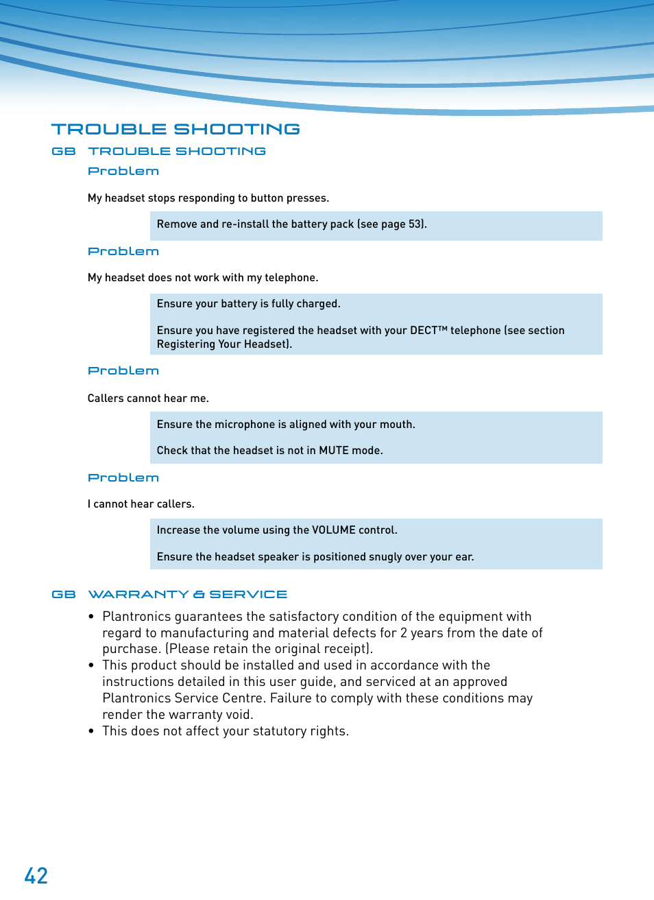 Trouble shooting | Plantronics SupraPlus Wireless User Manual | Page 42 / 60