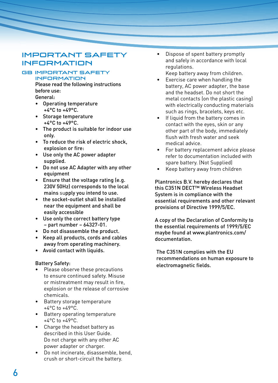 Important safety information | Plantronics SupraPlus Wireless User Manual | Page 6 / 60