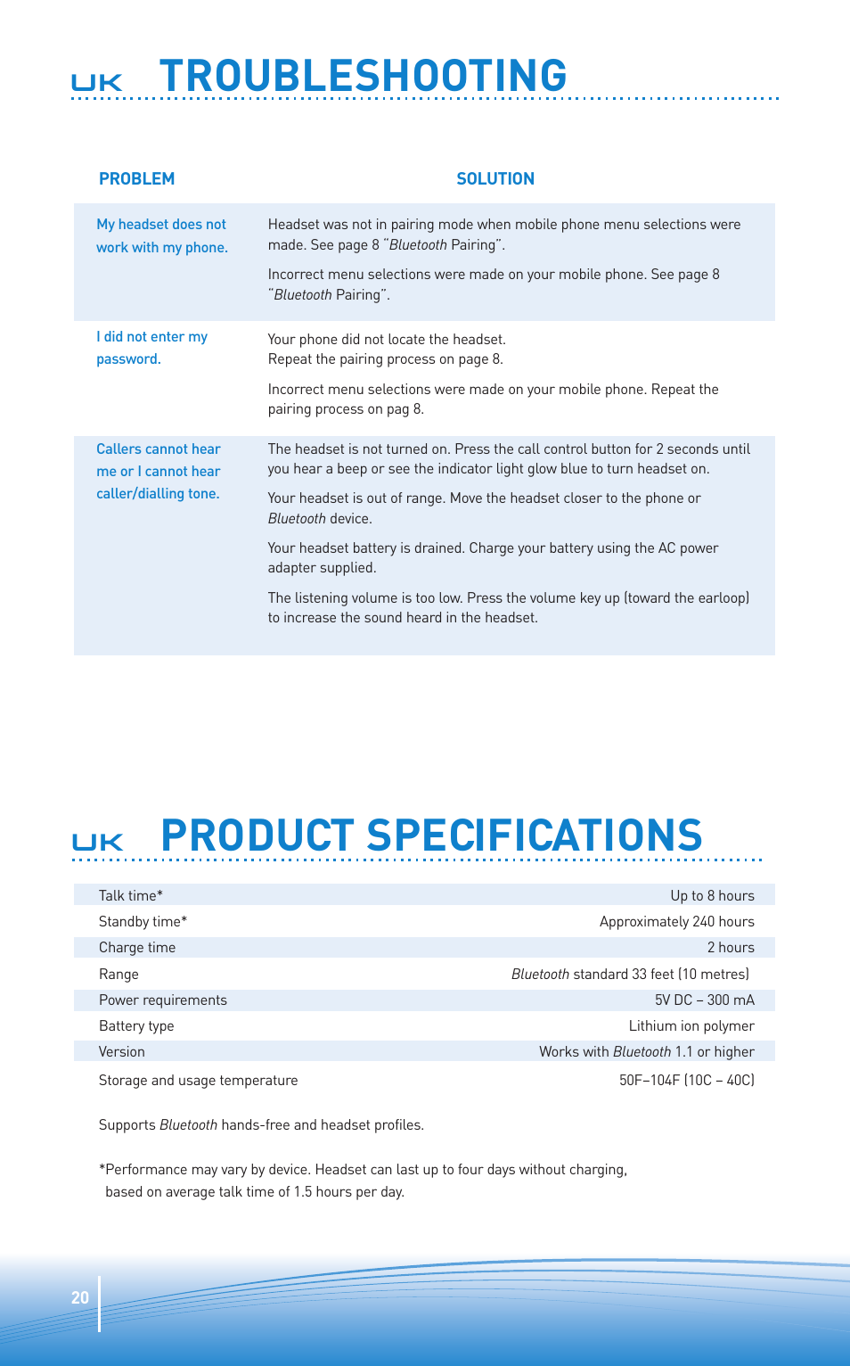 Troubleshooting, Product specifications | Plantronics Oreillette Bluetooth Explorer 350 de Plantronics User Manual | Page 20 / 28