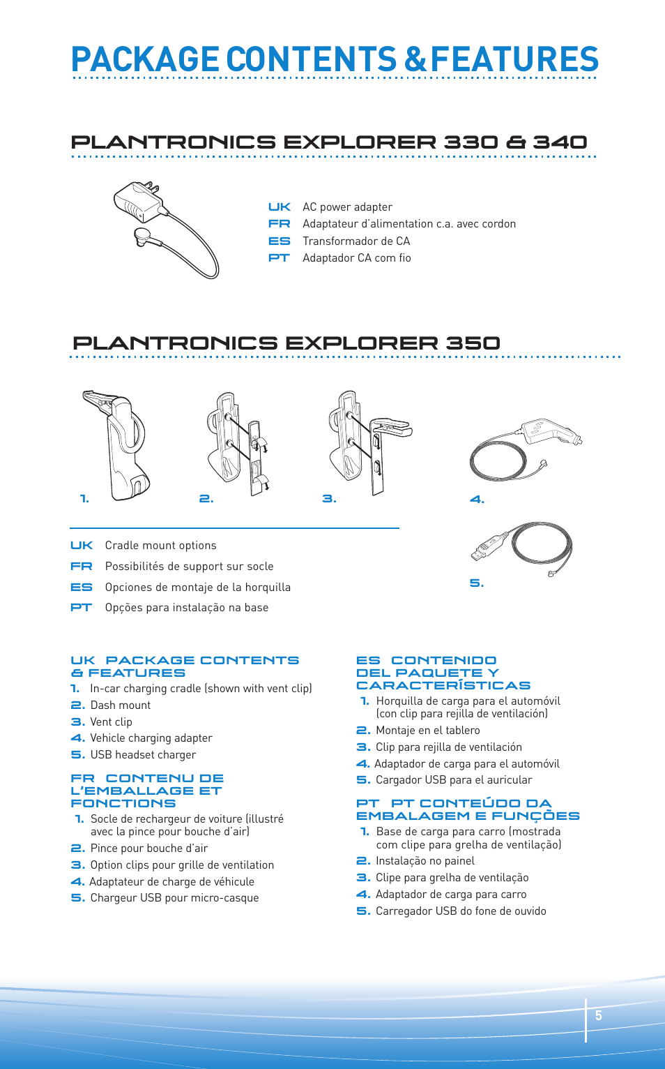 Package contents & features | Plantronics Oreillette Bluetooth Explorer 350 de Plantronics User Manual | Page 5 / 28