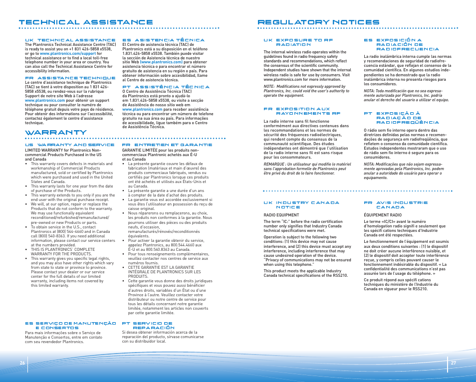 Regulatory notices, Technical assistance warranty | Plantronics Micro-casque Bluetooth Pulsar 590A de Plantronics User Manual | Page 14 / 14
