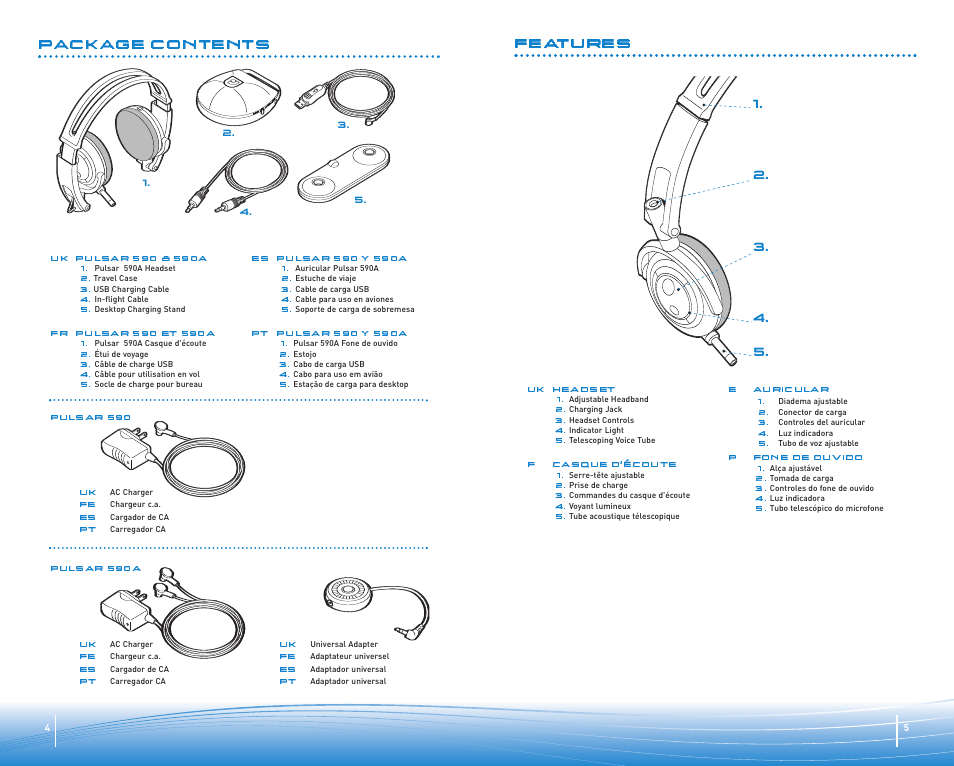 Package contents, Features | Plantronics Micro-casque Bluetooth Pulsar 590A de Plantronics User Manual | Page 3 / 14