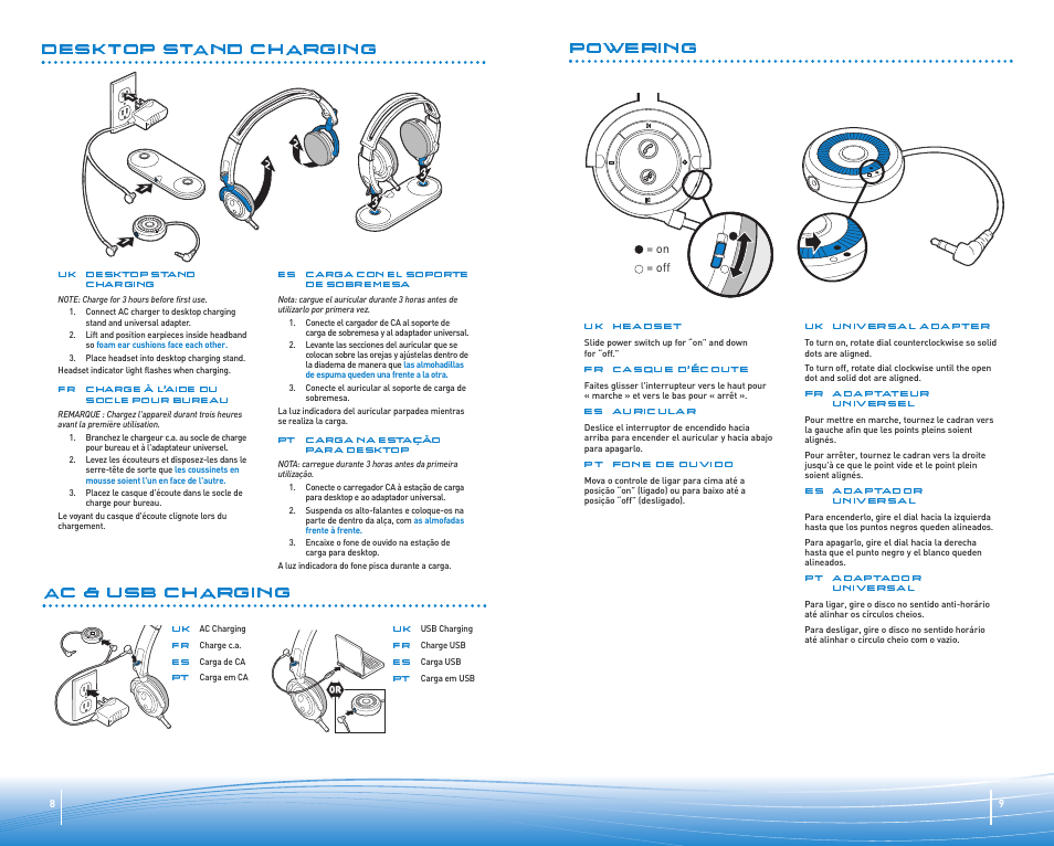 Universal adapter powering headset, Desktop stand charging, Ac & usb charging | Plantronics Micro-casque Bluetooth Pulsar 590A de Plantronics User Manual | Page 5 / 14