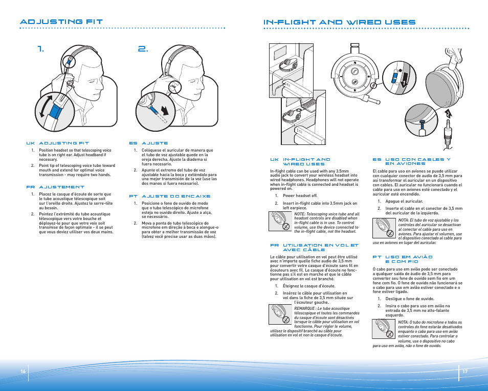 In-flight and wired uses, Adjusting fit | Plantronics Micro-casque Bluetooth Pulsar 590A de Plantronics User Manual | Page 9 / 14