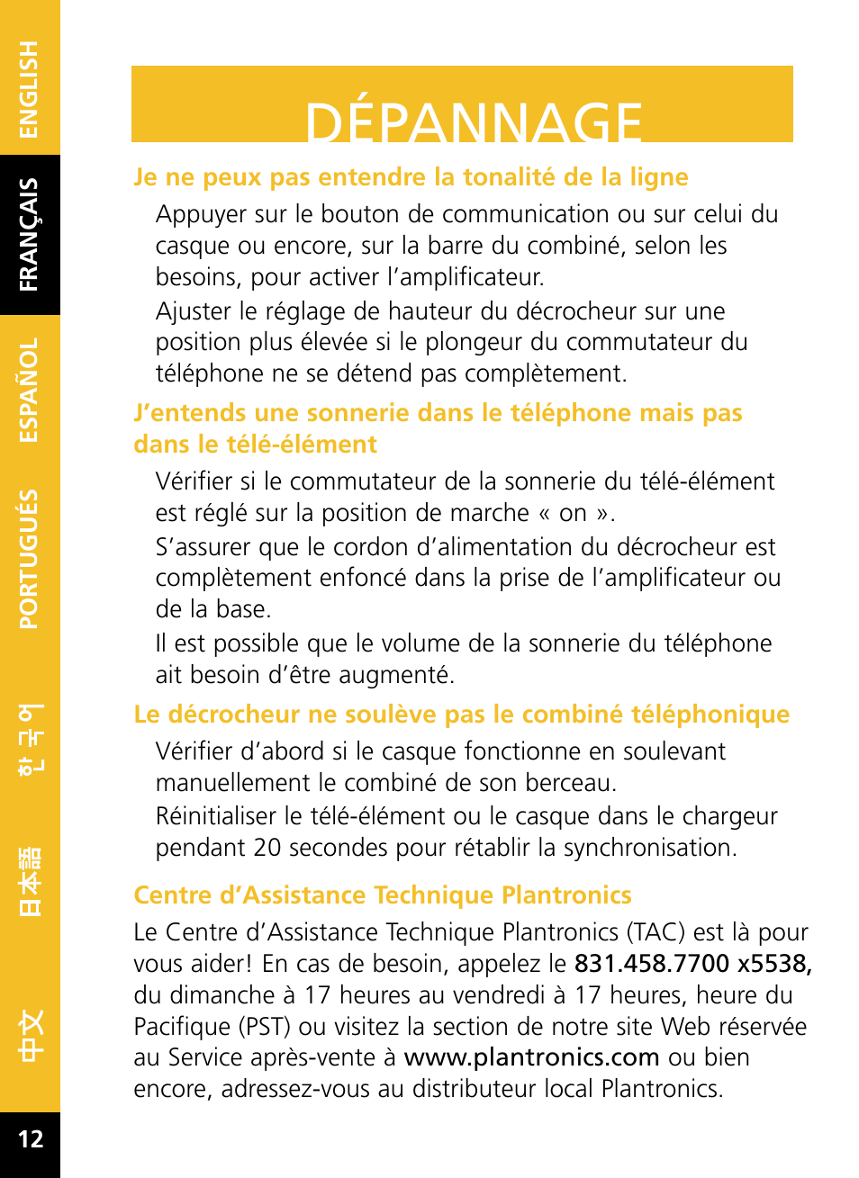 Dépannage | Plantronics HL10 User Manual | Page 14 / 52