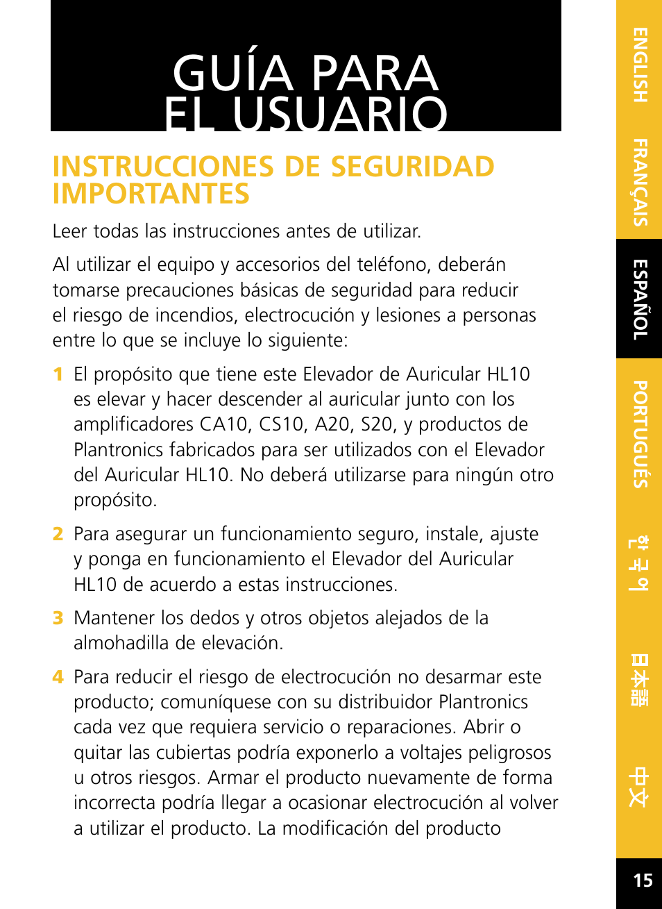 Guía para el usuario, Instrucciones de seguridad importantes | Plantronics HL10 User Manual | Page 17 / 52