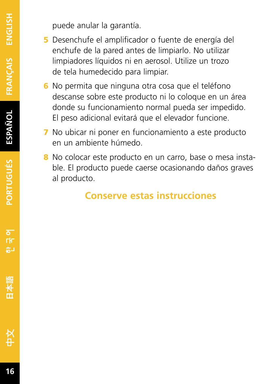 Conserve estas instrucciones | Plantronics HL10 User Manual | Page 18 / 52