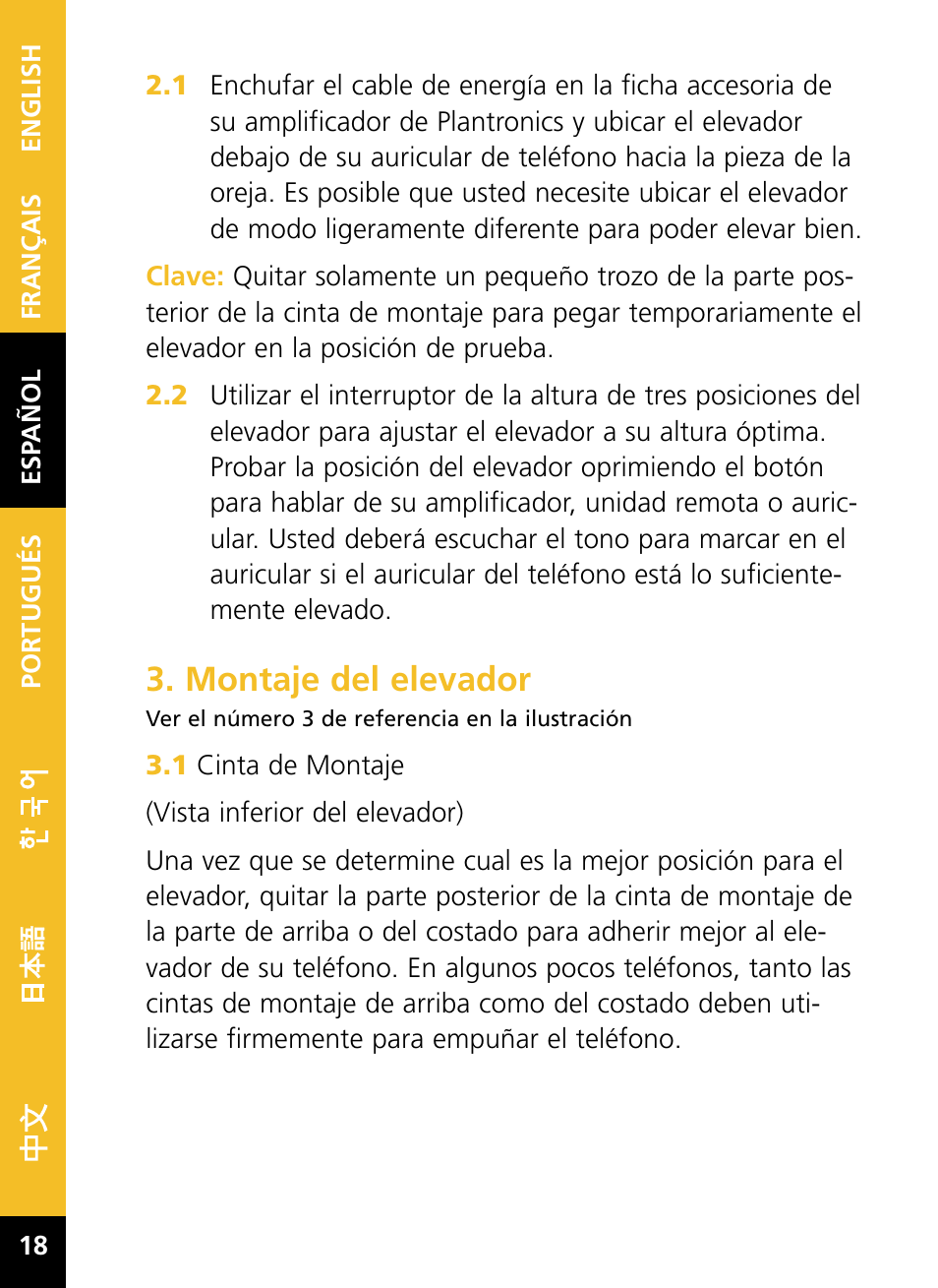 Montaje del elevador | Plantronics HL10 User Manual | Page 20 / 52