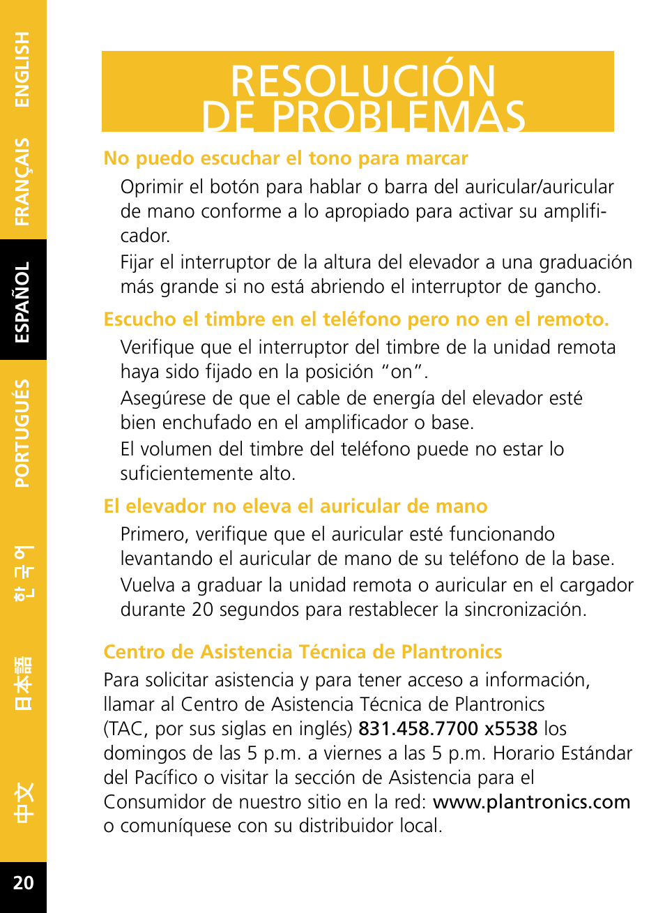 Resolución de problemas | Plantronics HL10 User Manual | Page 22 / 52