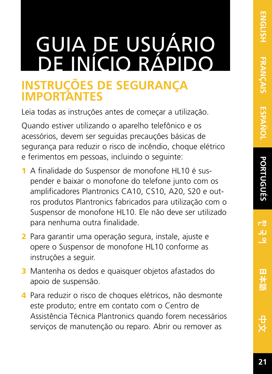 Guia de usuário de início rápido, Instruções de segurança importantes | Plantronics HL10 User Manual | Page 23 / 52