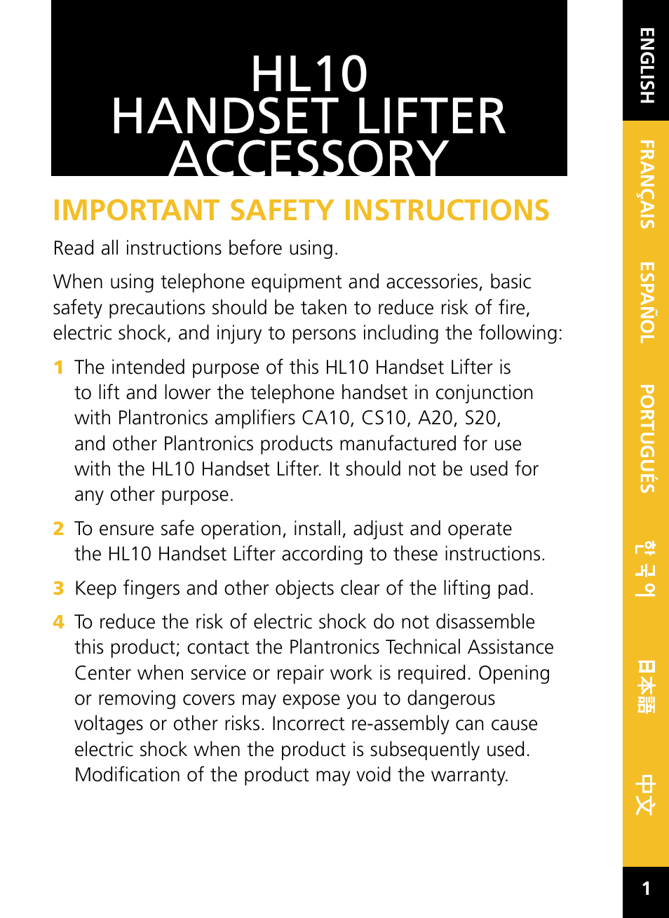 Hl10 handset lifter accessory, Important safety instructions | Plantronics HL10 User Manual | Page 3 / 52