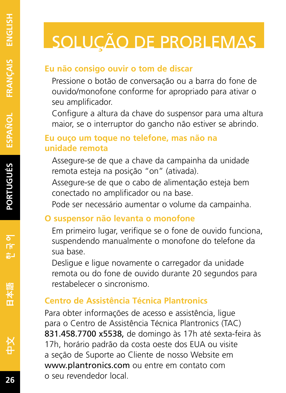 Solucão de problemas | Plantronics HL10 User Manual | Page 32 / 52