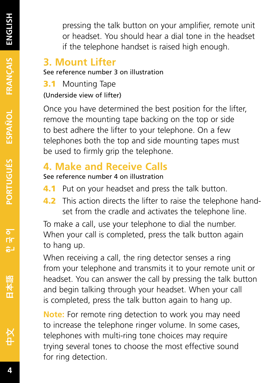 Mount lifter, Make and receive calls | Plantronics HL10 User Manual | Page 6 / 52