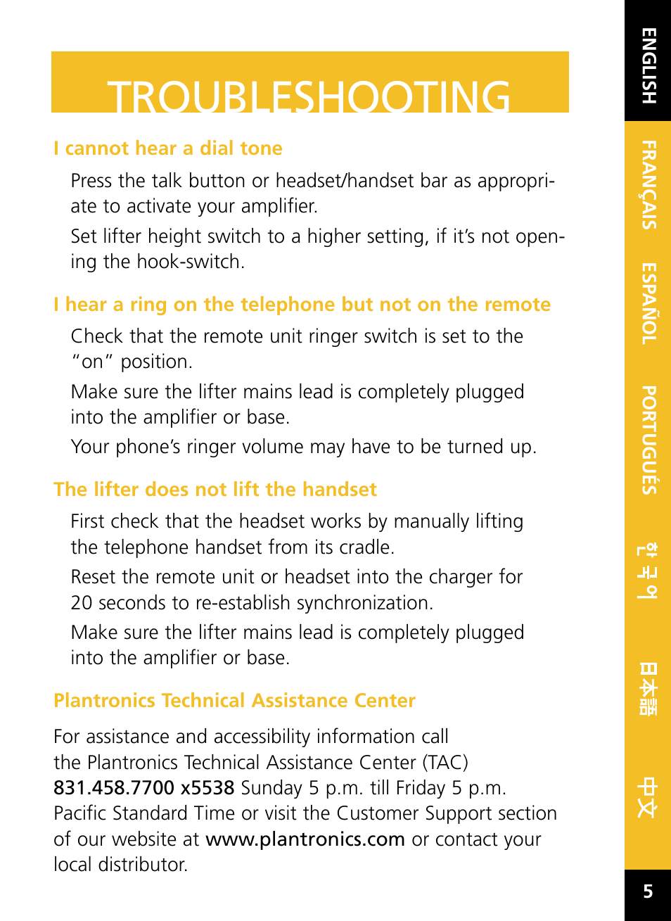 Troubleshooting | Plantronics HL10 User Manual | Page 7 / 52