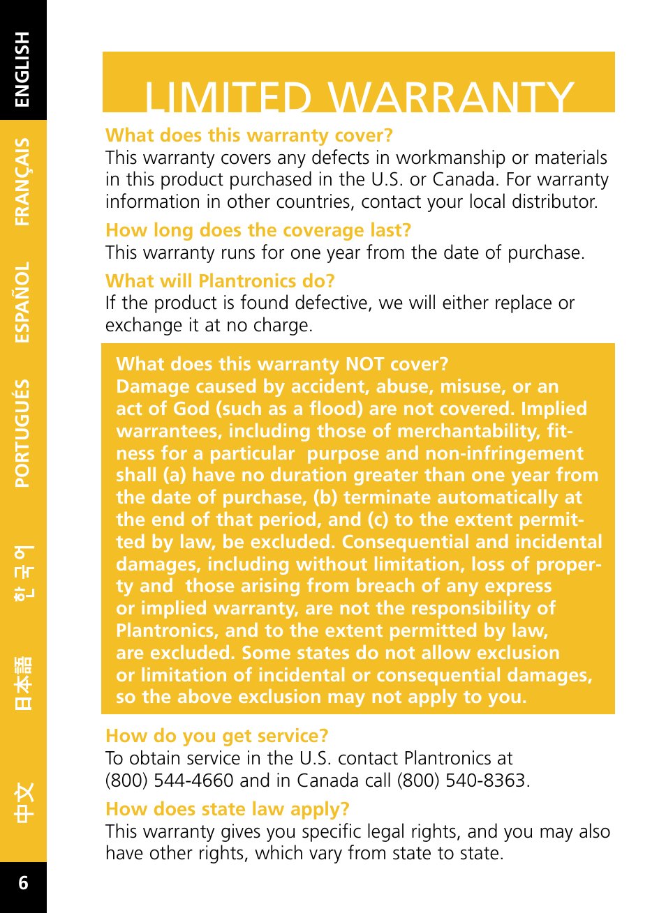 Limited warranty | Plantronics HL10 User Manual | Page 8 / 52