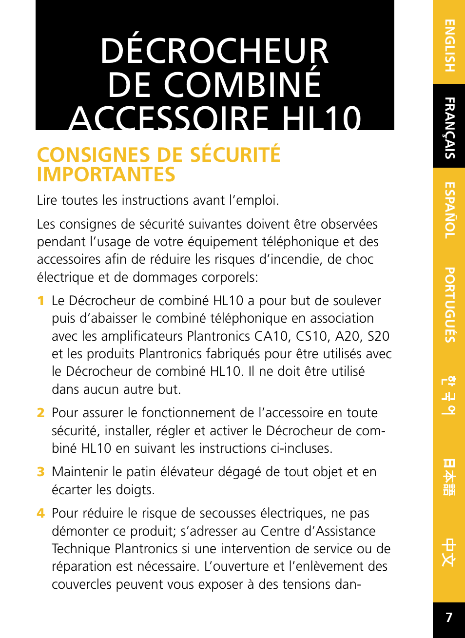 Décrocheur de combiné accessoire hl10, Consignes de sécurité importantes | Plantronics HL10 User Manual | Page 9 / 52