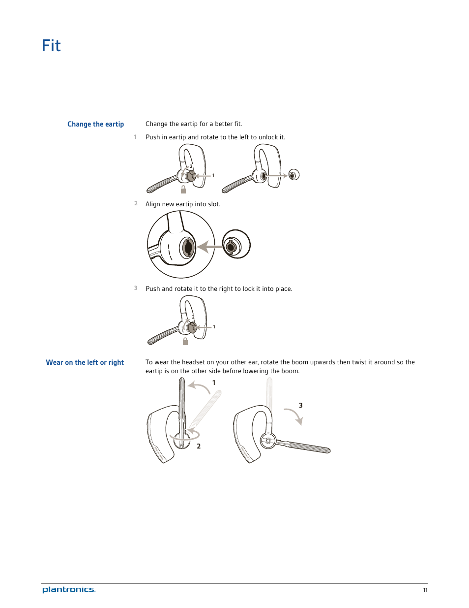 Change the eartip, Wear on the left or right | Plantronics Voyager Legend UC User Manual | Page 11 / 18