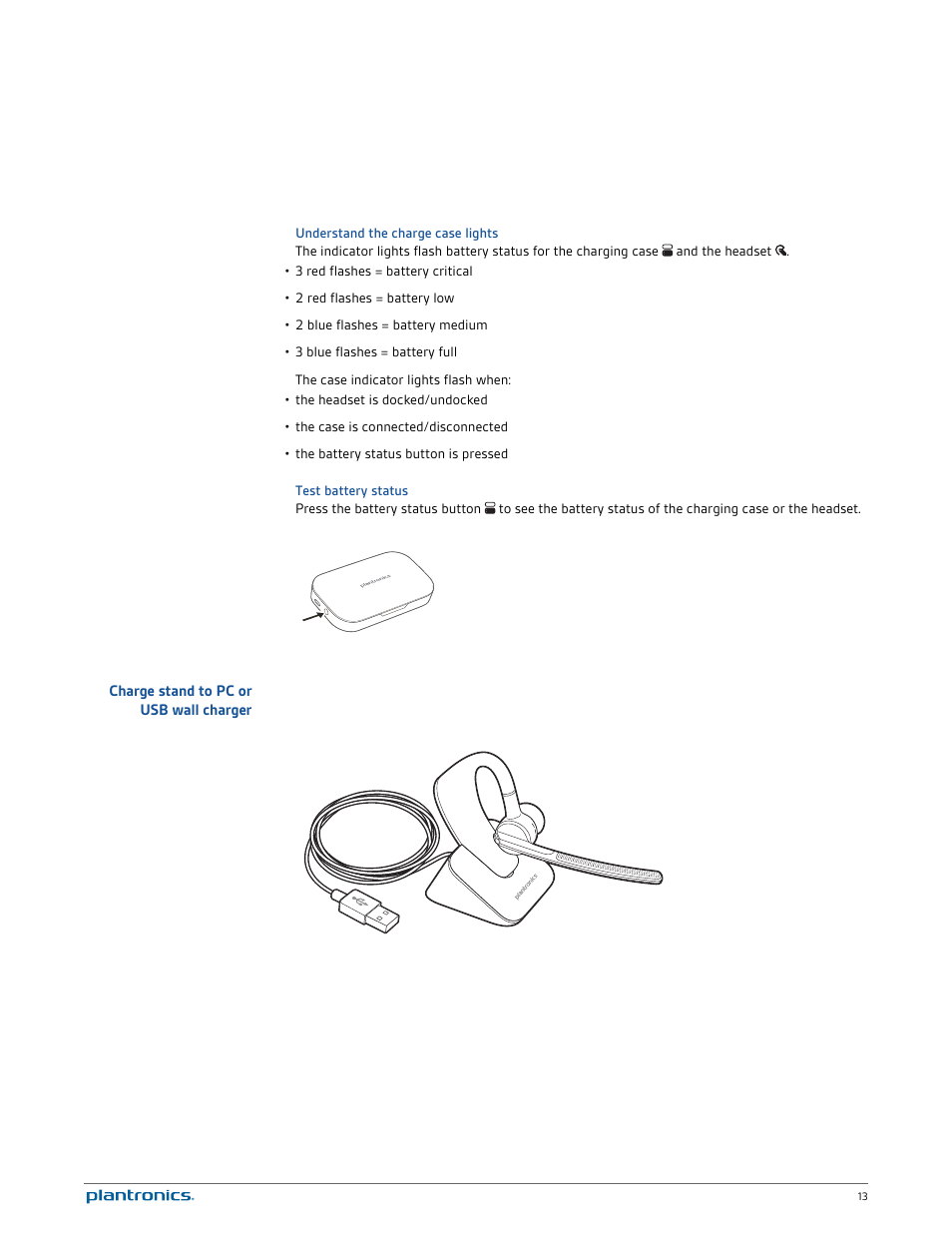 Understand the charge case lights, Test battery status, Charge stand to pc or usb wall charger | Plantronics Voyager Legend UC User Manual | Page 13 / 18