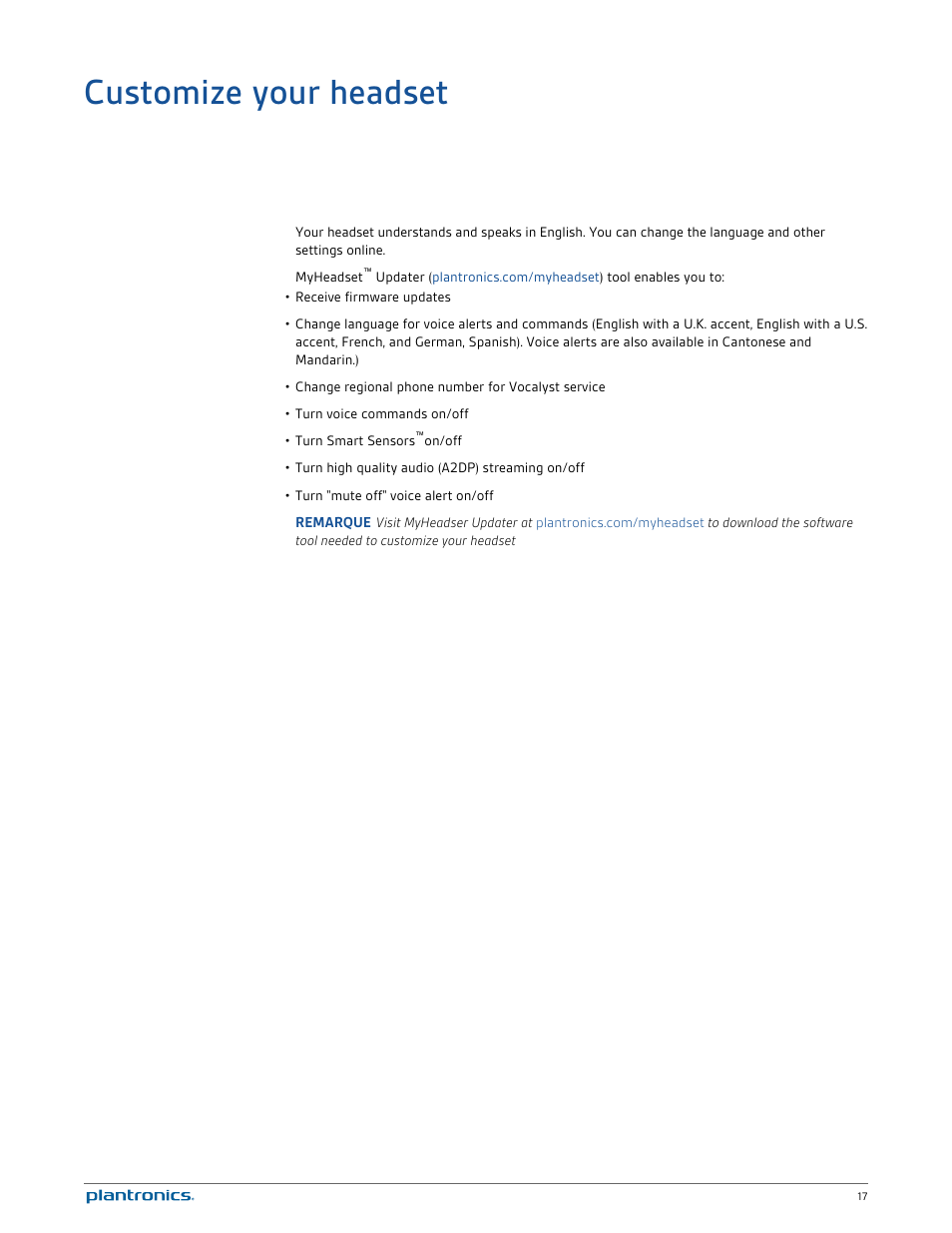 Customize your headset | Plantronics Voyager Legend UC User Manual | Page 17 / 18