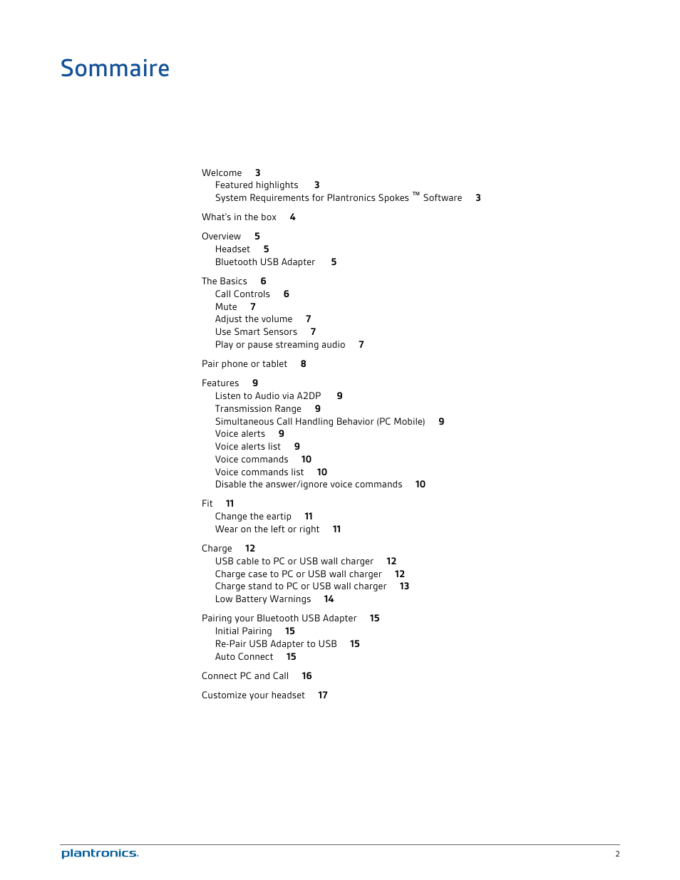Sommaire | Plantronics Voyager Legend UC User Manual | Page 2 / 18