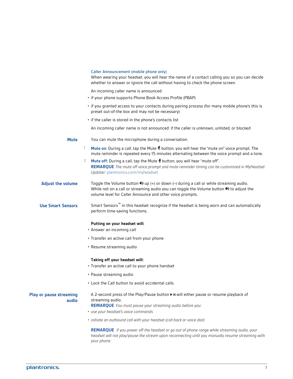 Caller announcement (mobile phone only), Mute, Adjust the volume | Use smart sensors, Play or pause streaming audio | Plantronics Voyager Legend UC User Manual | Page 7 / 18