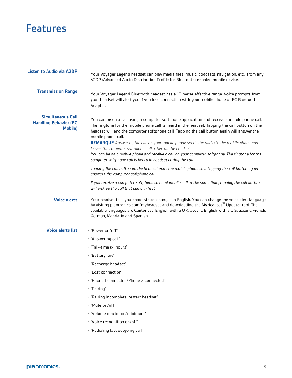 Features, Listen to audio via a2dp, Transmission range | Simultaneous call handling behavior (pc mobile), Voice alerts, Voice alerts list | Plantronics Voyager Legend UC User Manual | Page 9 / 18