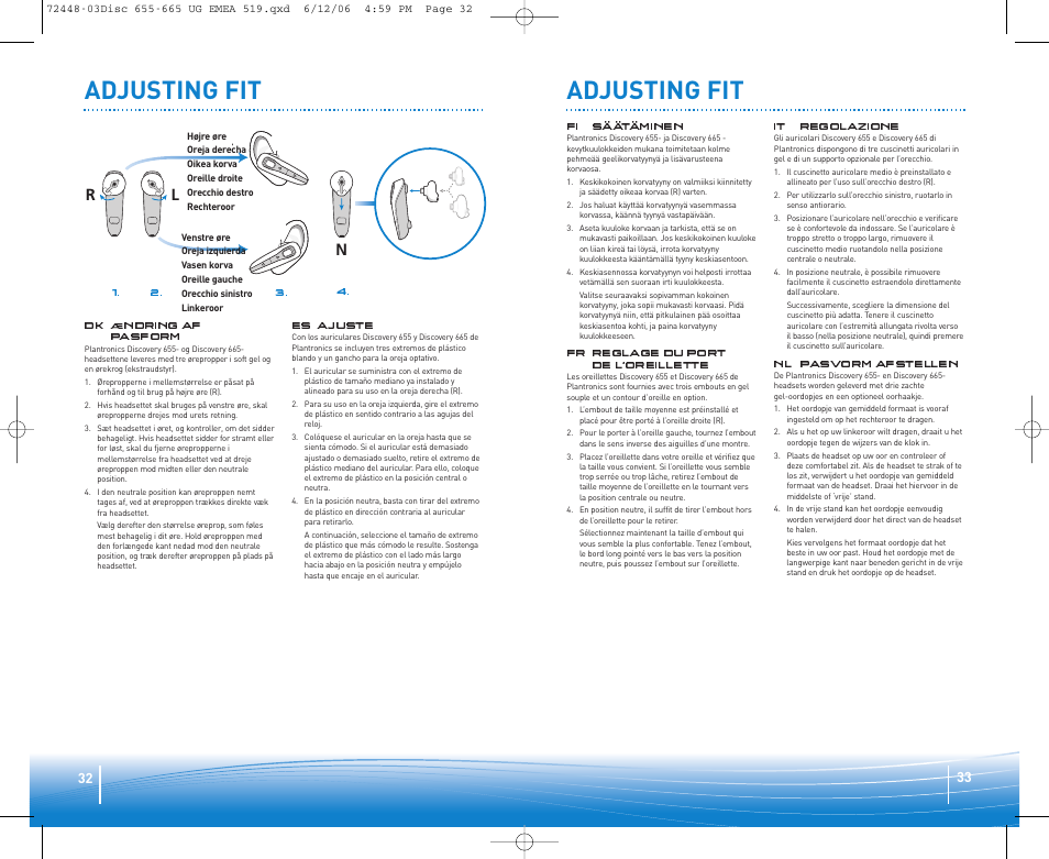 Adjusting fit, Right ear left ear | Plantronics Discovery 665 Bluetooth Headset User Manual | Page 17 / 39