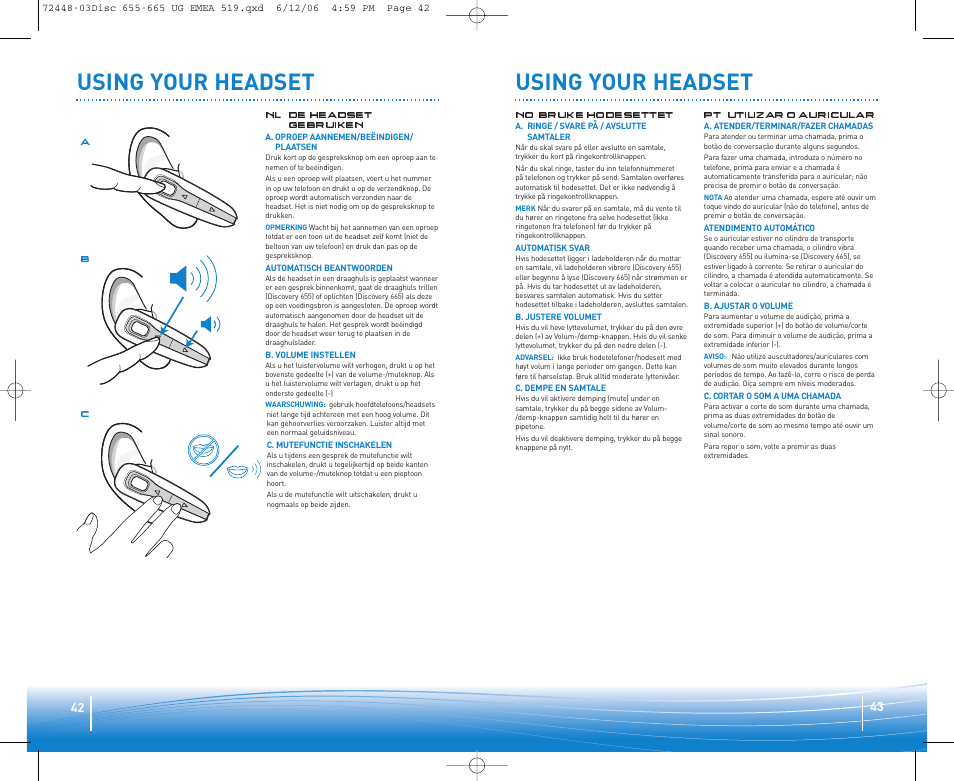 Using your headset | Plantronics Discovery 665 Bluetooth Headset User Manual | Page 22 / 39