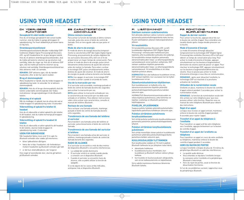 Using your headset | Plantronics Discovery 665 Bluetooth Headset User Manual | Page 24 / 39