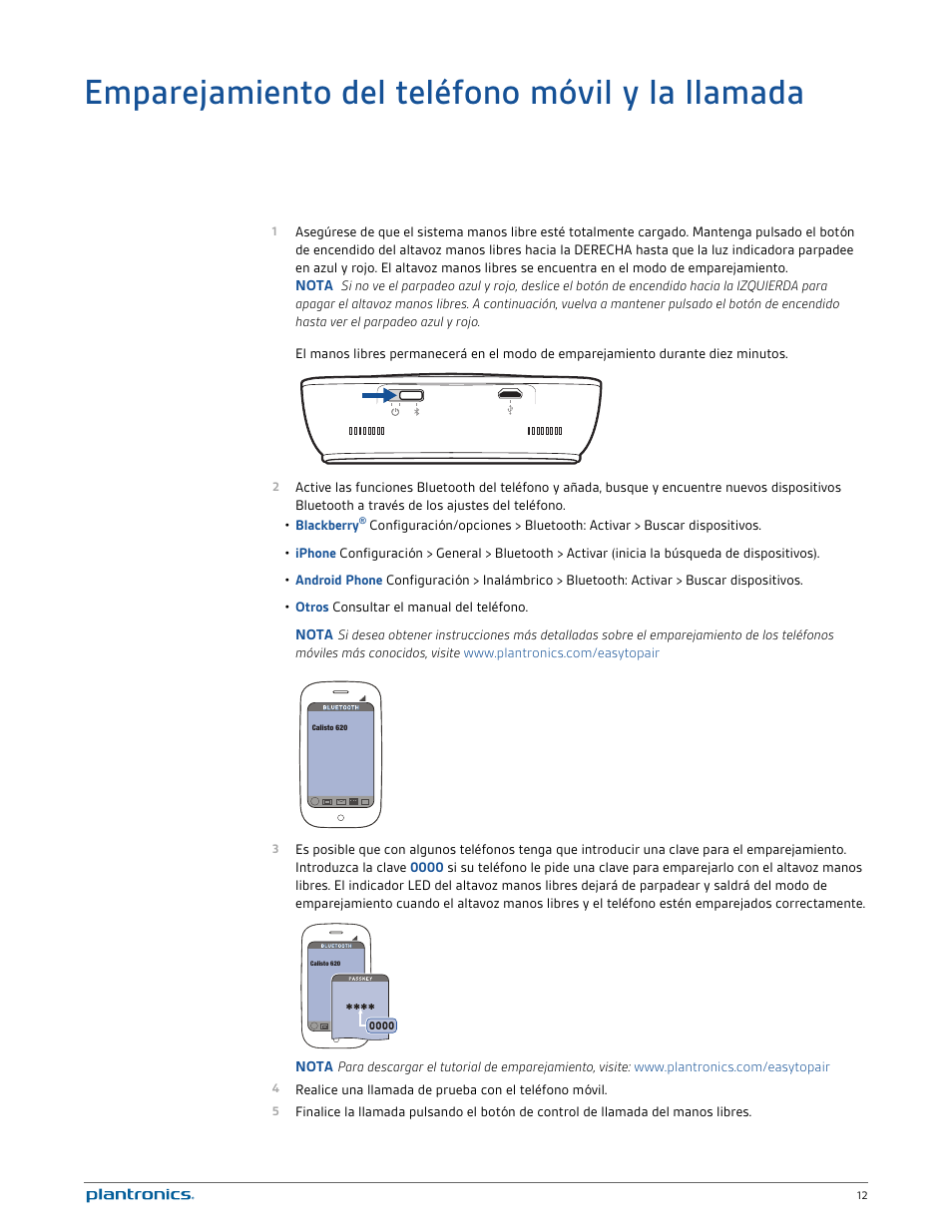 Emparejamiento del teléfono móvil y la llamada | Plantronics Calisto 620-M User Manual | Page 12 / 21