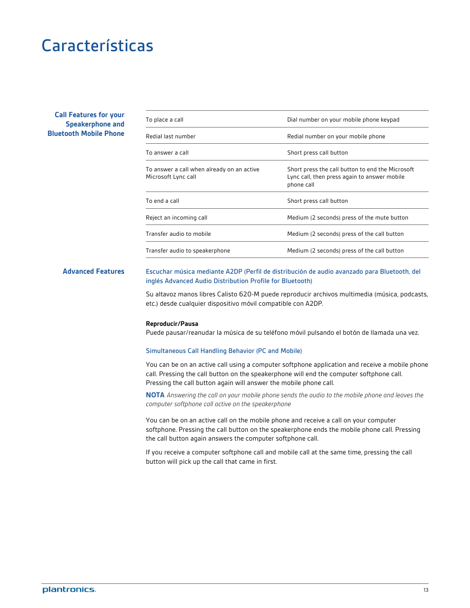 Características, Advanced features | Plantronics Calisto 620-M User Manual | Page 13 / 21