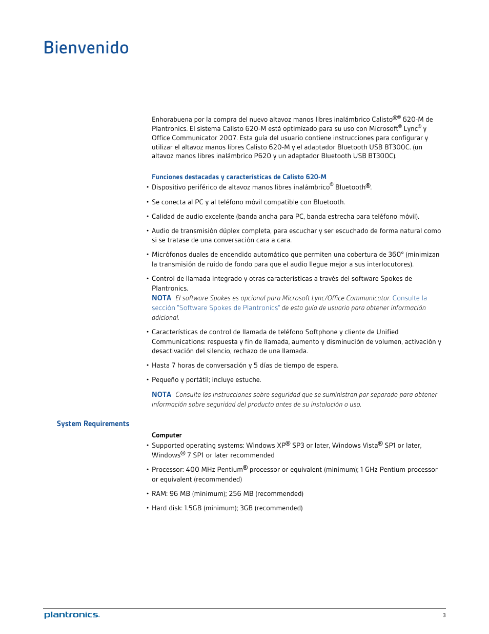 Bienvenido, System requirements | Plantronics Calisto 620-M User Manual | Page 3 / 21