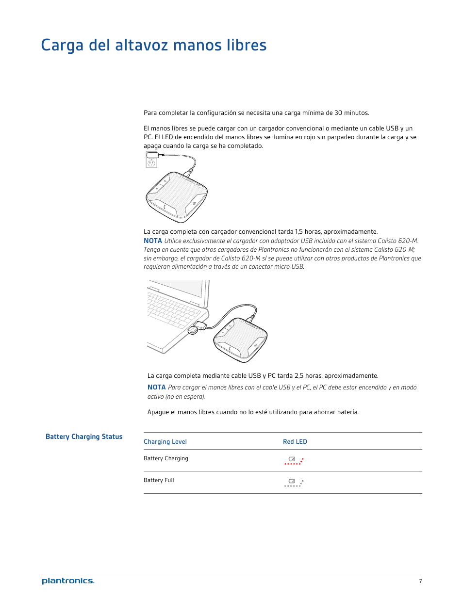 Carga del altavoz manos libres, Battery charging status | Plantronics Calisto 620-M User Manual | Page 7 / 21