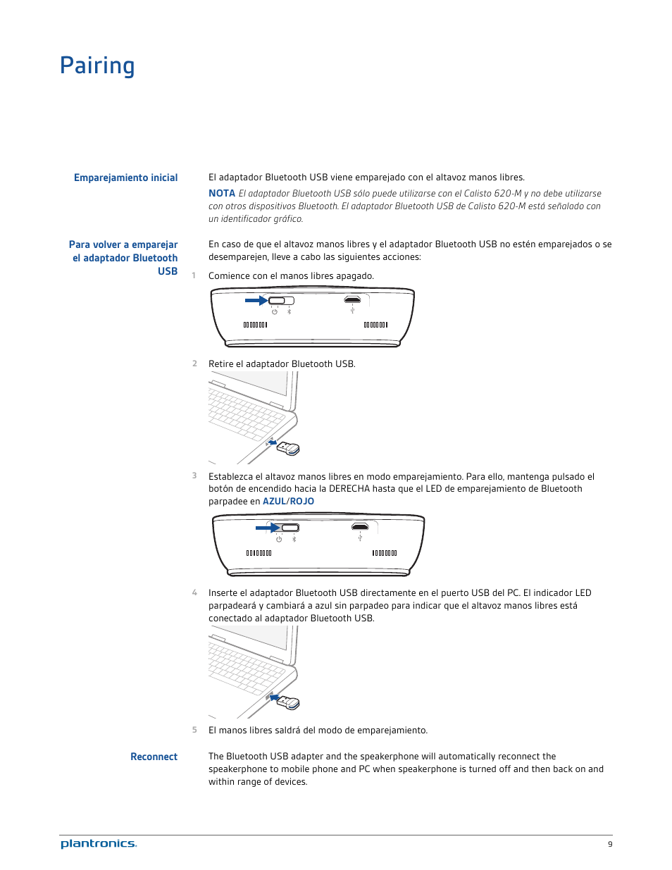 Pairing, Emparejamiento inicial, Para volver a emparejar el adaptador bluetooth usb | Reconnect | Plantronics Calisto 620-M User Manual | Page 9 / 21