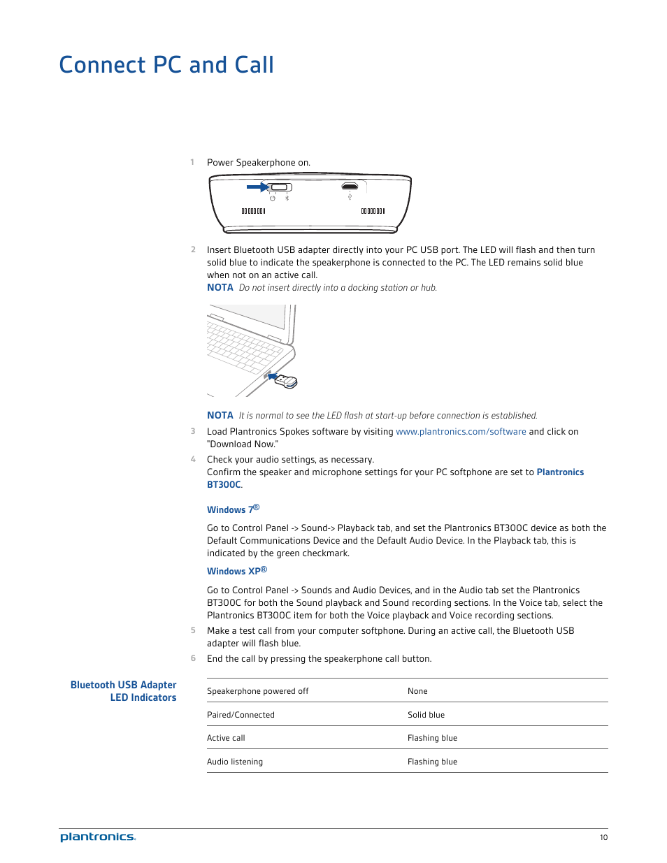 Connect pc and call, Bluetooth usb adapter led indicators | Plantronics Calisto 620 User Manual | Page 10 / 21
