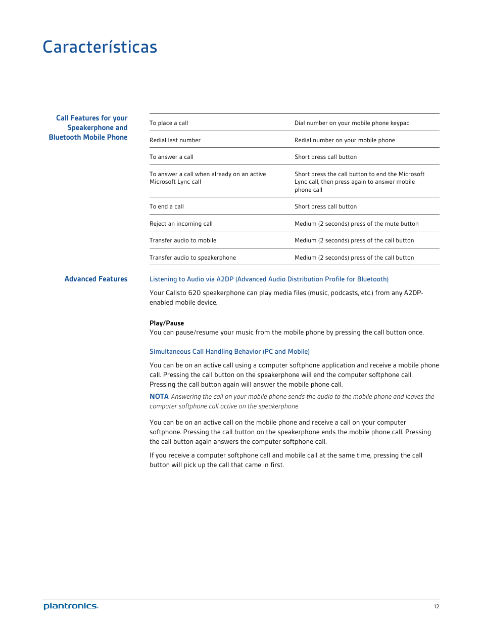 Características, Advanced features | Plantronics Calisto 620 User Manual | Page 12 / 21