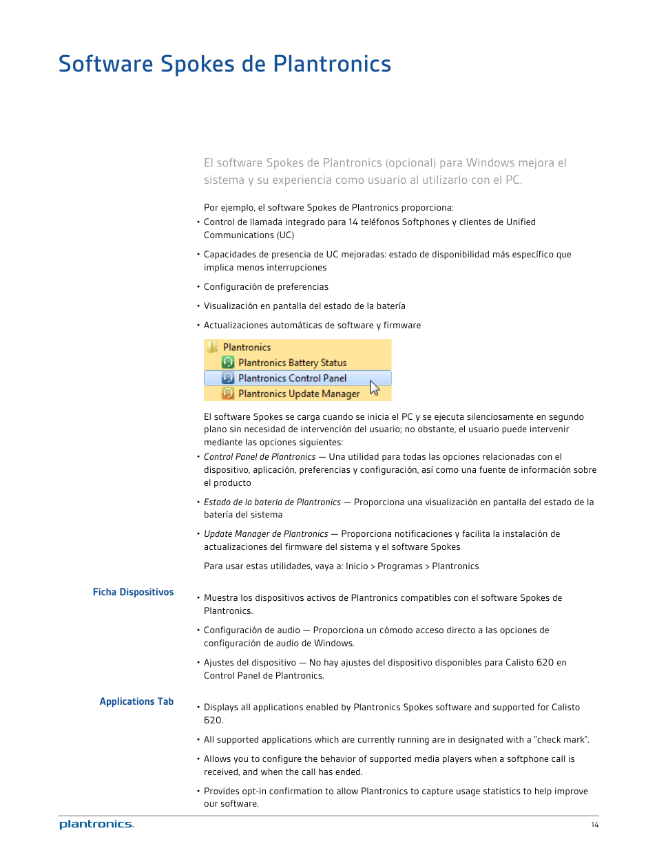 Software spokes de plantronics, Ficha dispositivos, Applications tab | Plantronics Calisto 620 User Manual | Page 14 / 21