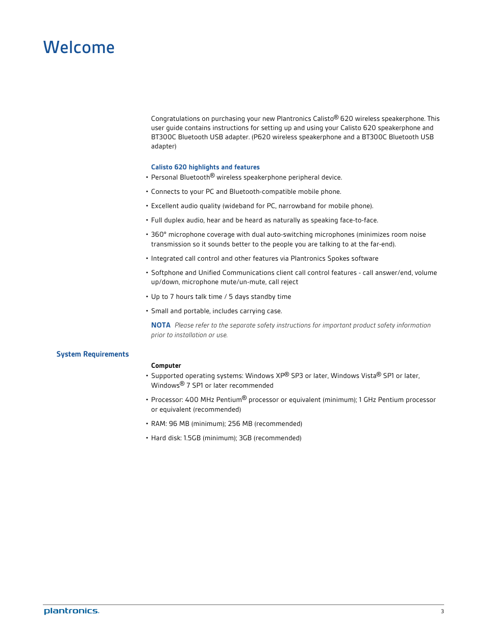 Welcome, System requirements | Plantronics Calisto 620 User Manual | Page 3 / 21