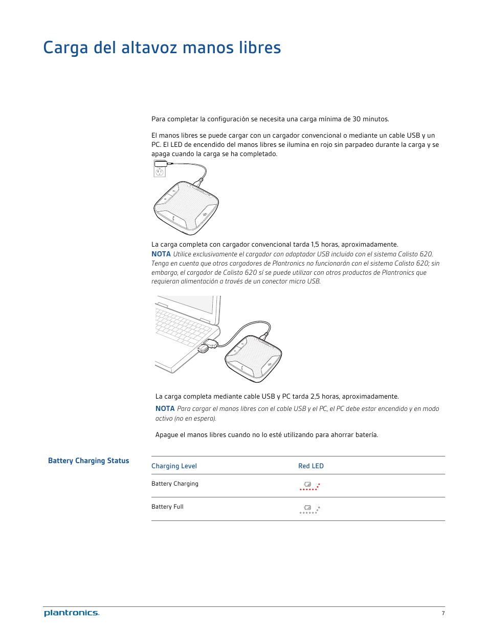 Carga del altavoz manos libres, Battery charging status | Plantronics Calisto 620 User Manual | Page 7 / 21