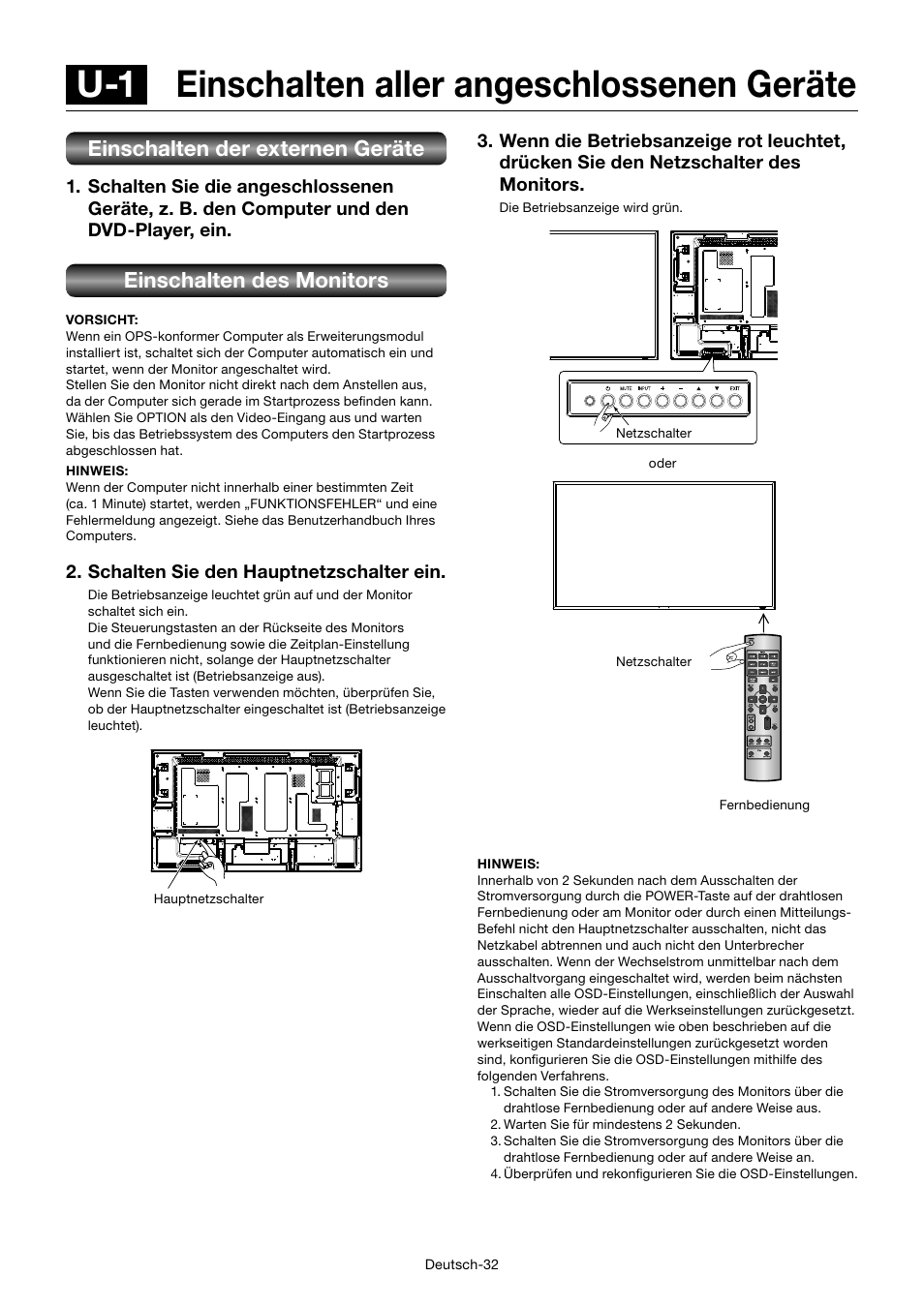 U-1 einschalten aller angeschlossenen geräte, Einschalten der externen geräte, Einschalten des monitors | MITSUBISHI ELECTRIC MDT552S User Manual | Page 102 / 404