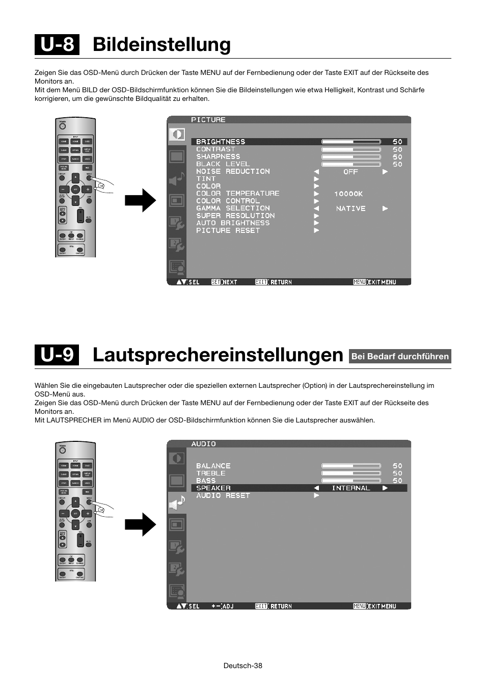 U-9 lautsprechereinstellungen, U-8 bildeinstellung | MITSUBISHI ELECTRIC MDT552S User Manual | Page 108 / 404